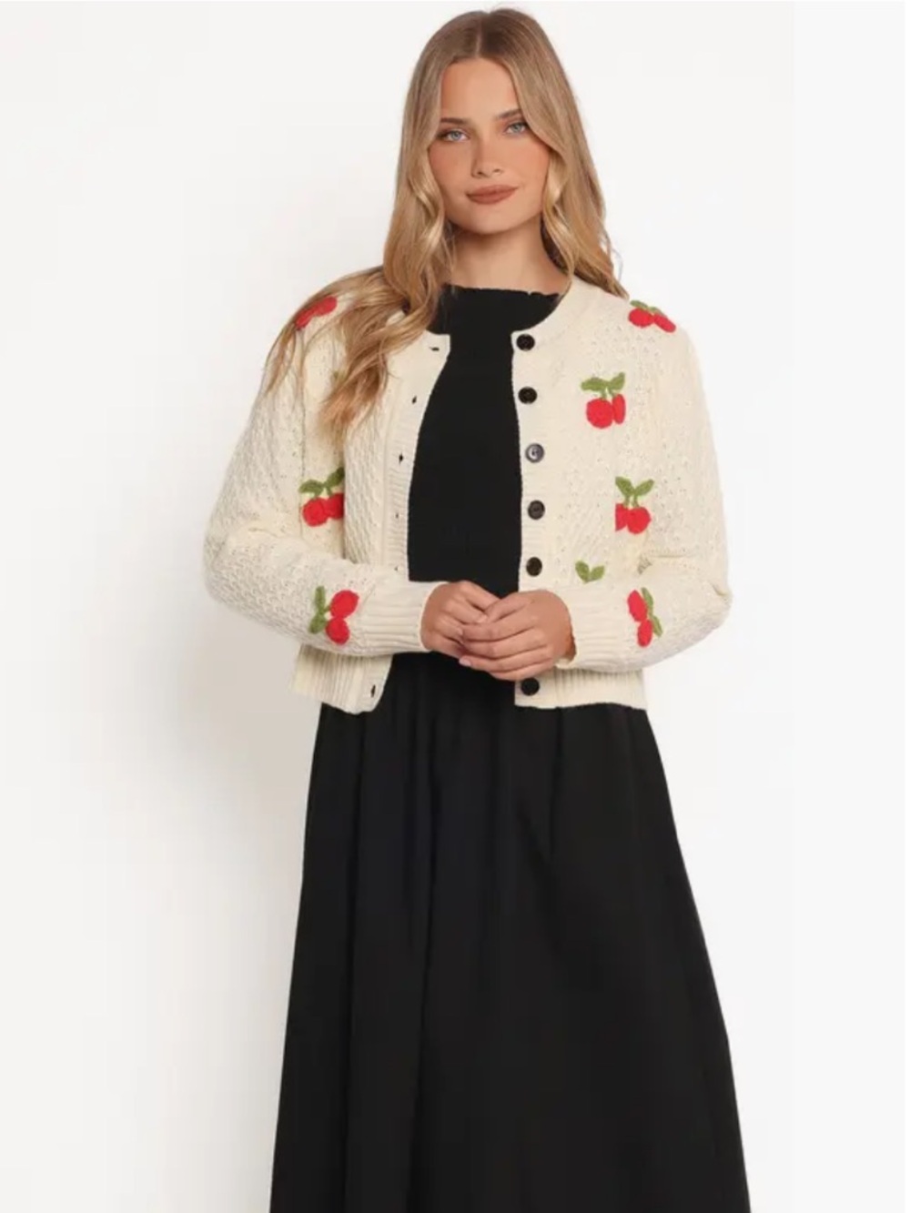 NEW Cream Colored Cherry Embroidered Cardigan Sweater